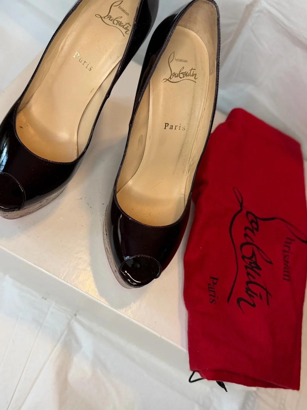 Christian Louboutin Black Patent Peep-Toe Cork Platform Wedges
